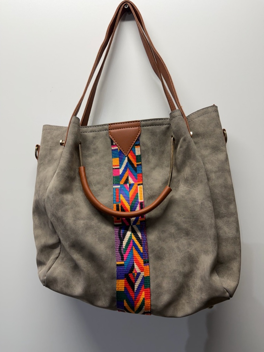 Women's Grey Tote Bag with Colorful Tribal Accent